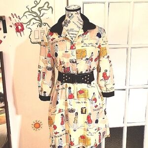 Colorful Illustrated Dress with Black Collar